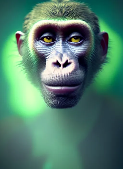 Prompt: an ethereal, misty portrait of a monkey whose face is accented with neon - toned glowing eyeliner. the makeup floats off his face and joins swirling clouds of smoke and fog, becoming an aurora. muted tones. surreal portrait, cinematic lighting, 8 k, smooth, sharp focus, digital painting, rendered in octane, painted by tom bagshaw, artgerm