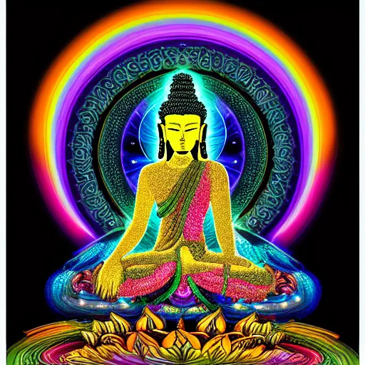 Image similar to rainbowcore, black buddha glowing, surrounded by lotus, with the sun shining with the moon, with detailed mandala filled with fractals, bioluminescence, glowing runes, de-noise, symmetrical composition, high detailed +, ornate border, 32k