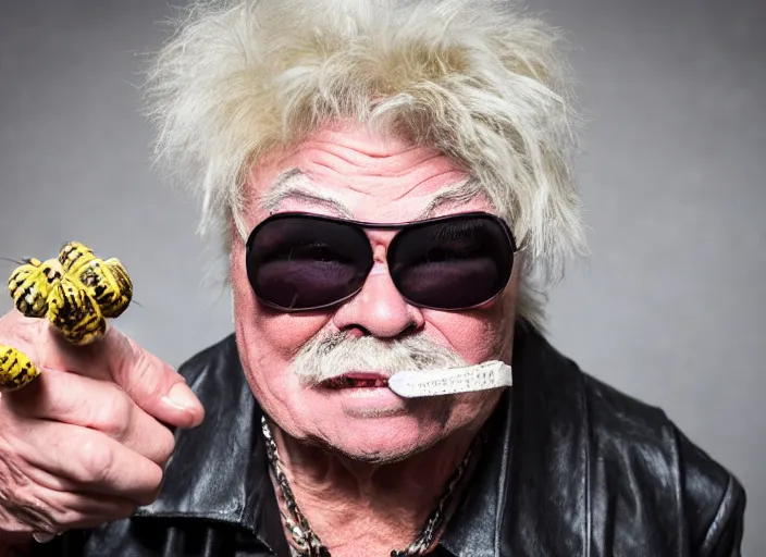 Image similar to photo still of rip taylor at vans warped tour!!!!!!!! at age 6 3 years old 6 3 years of age!!!!!!! throwing bees at a crowd, 8 k, 8 5 mm f 1. 8, studio lighting, rim light, right side key light