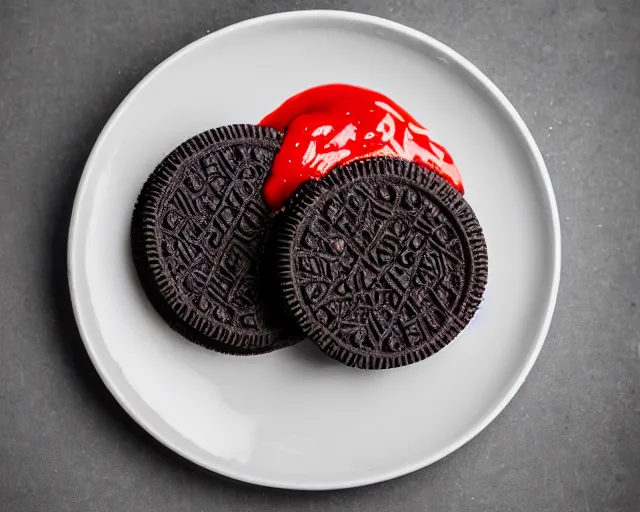 Prompt: dlsr food photograph of an oreo dipped in ketchup, on a white platebokeh, 5 0 mm f 1. 4