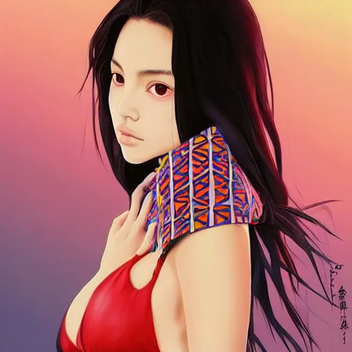 Image similar to a beautiful young japanese natalie portman alluring gravure model, stylized concept art, wearing elegant designer bomber jacket and one piece bikini, bomber jacket with mesoamerican patterns, mesoamerican native street fashion, princess mononoke, painted by ilya kuvshinov aesthetic, gorgeous, stunning, alluring, attractive, artstation, pinterest, digital art