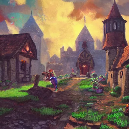 Prompt: A painting of a small medieval town in Hyrule, Legend of Zelda