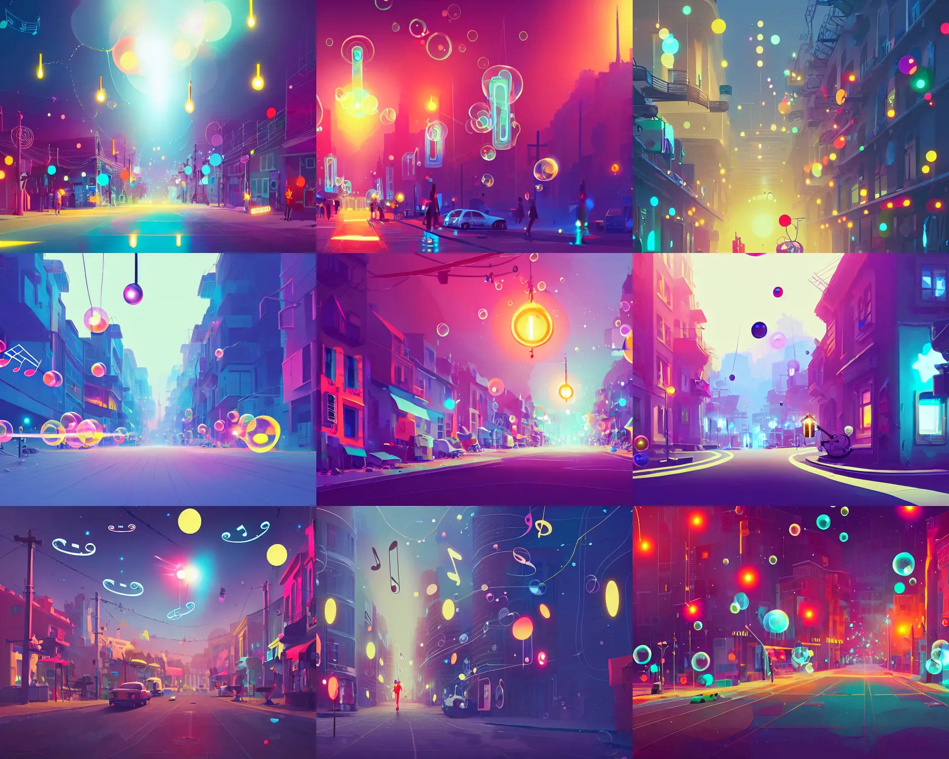 Prompt: musical city street with stylized musical notes floating around, bubbles, radiant halo of light, sylvain sarrailh, artstation, ismail inceoglu, liam brazier, petros afshar