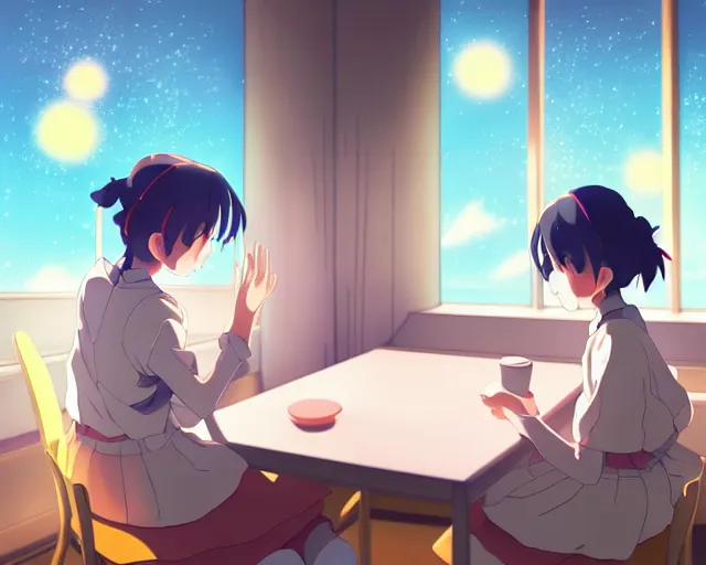 Image similar to anime fine details portrait of joyful school girl talk with robot in her room at the table, evening, lamp, lo-fi, open window, dark city landscape on the background deep bokeh, profile close-up view, anime masterpiece by Studio Ghibli. 8k, sharp high quality anime