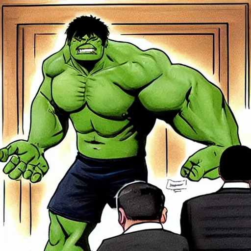 Prompt: hulk in court