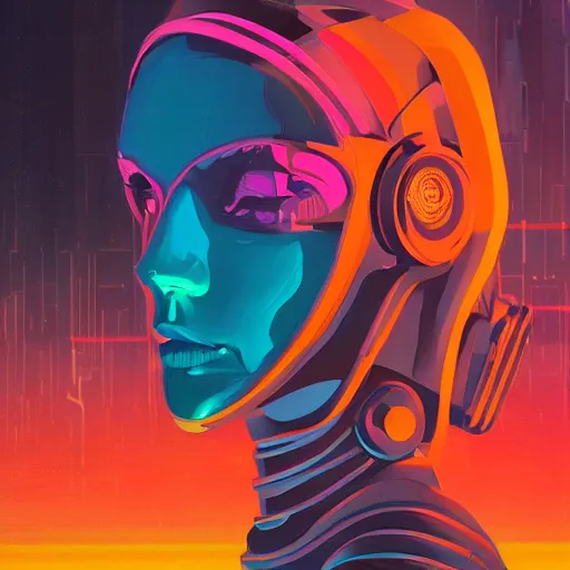 Prompt: a graph - style gouache impasto huge robot head in front of her, cyberpunk art by by james gilleard, mucha, cgsociety, retrofuturism, synthwave, retrowave, outrun