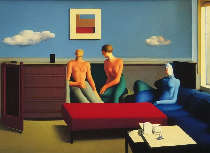 Prompt: three people interacting in a hotel room in afternoon light, clouds, bird, open ceiling, strange foreign objects, oil painting by edward hopper, chirico and rene magritte