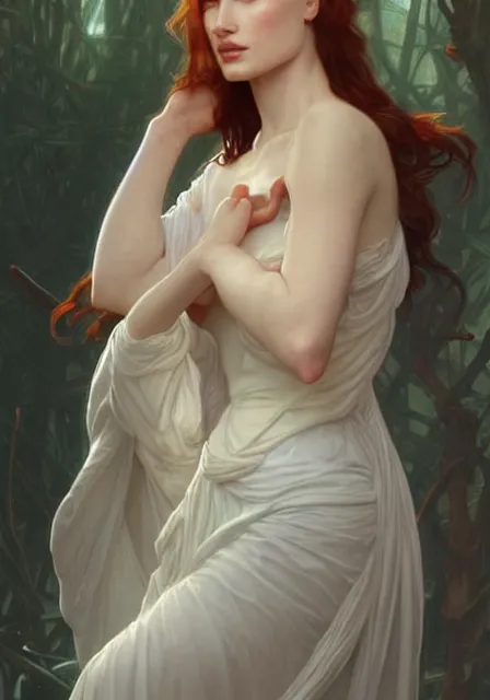 Image similar to sansa angeline jolie gessica chastain white skin, intricate, elegant, highly detailed, digital painting, artstation, concept art, smooth, sharp focus, illustration, art by artgerm and greg rutkowski and alphonse mucha and william - adolphe bouguereau