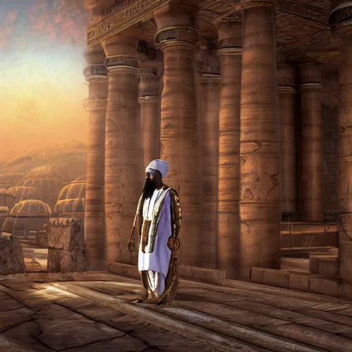 Prompt: an epic digital illustration of an african moor wearing white robes and turban in the valley of the kings, ornate and decadent steampunk technology, by jeff easley and thomas kinkade and afarin sajedi, rendered in unreal engine 5, extremely symmetrical, cinematic volumetric lighting, cyberpunk style, surreal portrait style, dynamic portrait, 8 k, hd,