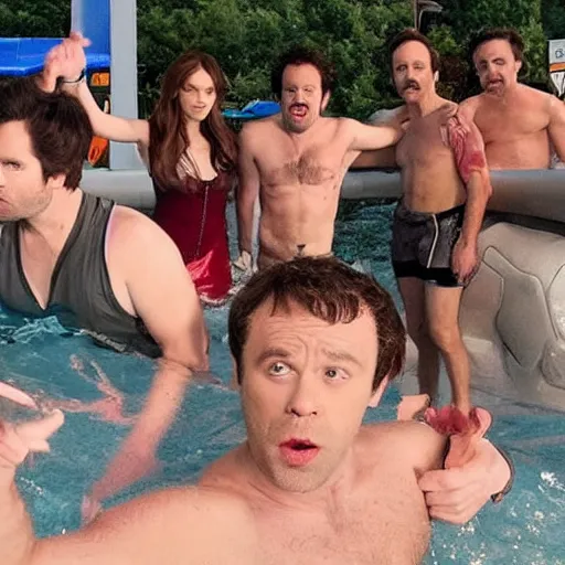 Image similar to the cast of its always sunny in philadelphia hanging out with the mcpoyles at a water park