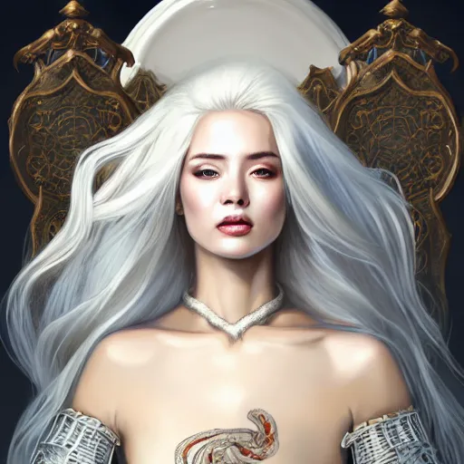 Image similar to full body painting of a woman with flowing luscious glowing white hair standing whilst holding a sword, wearing intricate plate - armor and leather underneath. intricate, elegant, highly detailed, digital painting, artstation, concept art, smooth, sharp focus, illustration, by terry wei, qiu fang, tooth wu, kan liu, siwoo kim, jisu choe