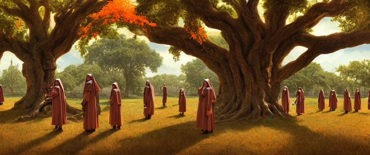 Prompt: hyperrealistic hyper detailed wide shot of low brow cyborg soldier nuns protecting a giant oak tree matte painting concept art key sage jeff koons very soft orange lighting low angle hd 8k sharp shallow depth of field