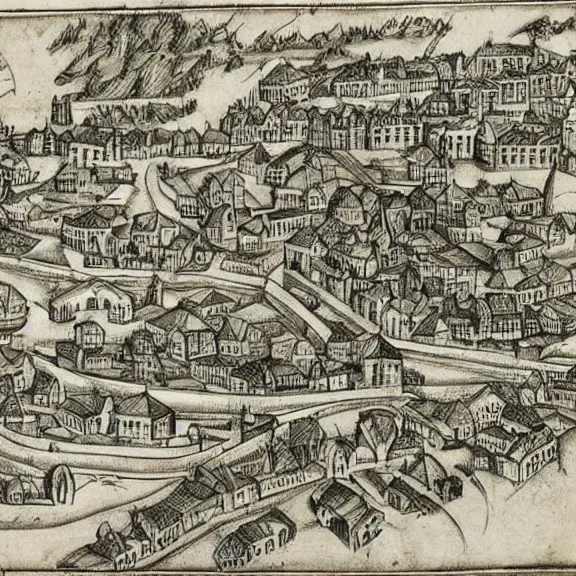 Prompt: medieval town with ports and road, map, technical drawing, intricate detailed schematic, diagram, manuscript