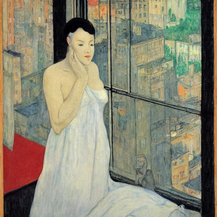 Image similar to portrait of woman in night gown, white cat and aloe house plant with brutalist city seen from a window frame with curtains. night. agnes pelton, caravaggio, bonnard, henri de toulouse - lautrec, utamaro, matisse, monet