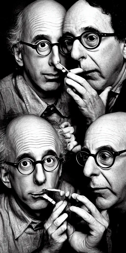 Image similar to award winning photo of todd solondz charlie kaufman larry david std barret smoking, vivid colors, happy, symmetrical face, beautiful eyes, studio lighting, wide shot art by Sally Mann & Arnold Newman