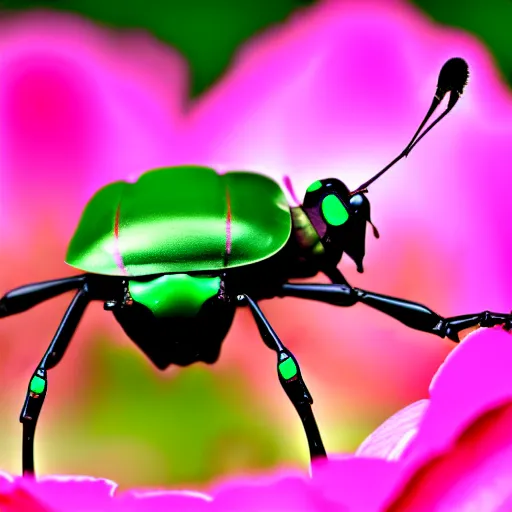 Image similar to rose chafer with quadcopter drone wings creating turbulence above rose flowers black background