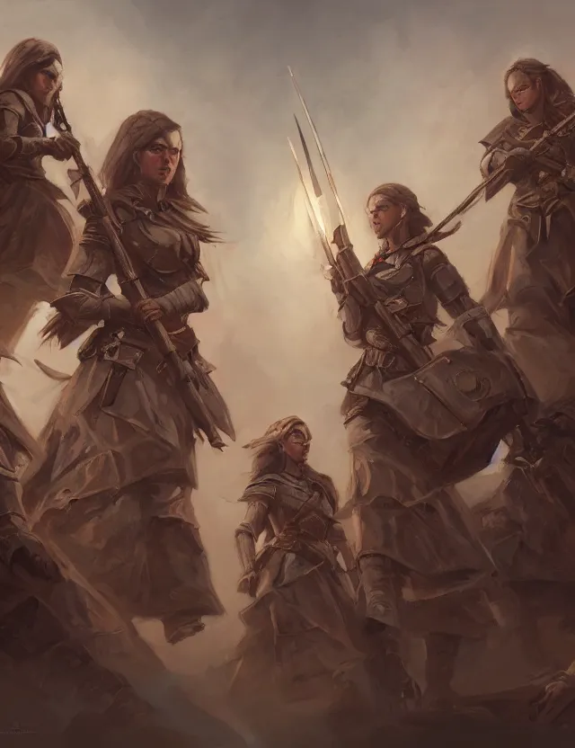 Prompt: the order of sisters of war. this oil painting by the award - winning concept artist has cinematic lighting, an interesting color scheme and intricate details.