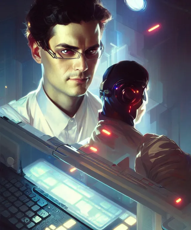 Image similar to Hacker man hacks computer, highly detailed, digital painting, artstation, concept art, smooth, sharp focus, illustration, art by artgerm and greg rutkowski and alphonse mucha