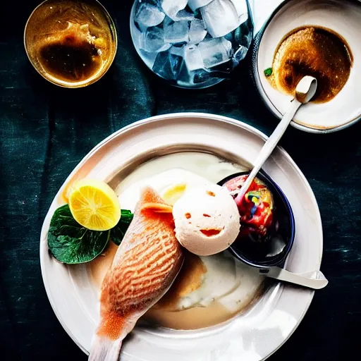 Prompt: high resolution photo of fish with ice cream, michelin star, very tasty, food photography, instagram, trending