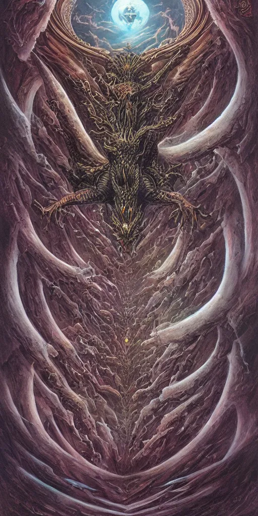 Image similar to an alien dragon demigod descending from outer space to consume the earth, by dan seagrave art