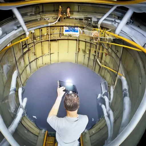 Image similar to a man taking a selfie inside of a nuclear reactor water waste system, super realistic, highly detailed :