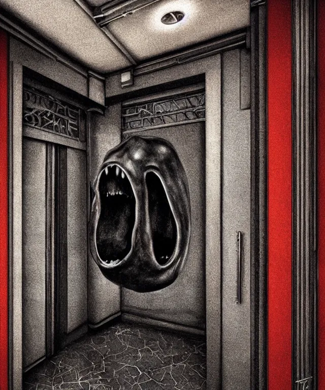 Prompt: horrifying full color photorealistic image an old hotel elevator lobby, elevator doors look like a mouth, with a tentacle - shaped tongue, licking out, dark, atmospheric, brooding, smooth, finely detailed, cinematic, epic, in the style of lee gibbons