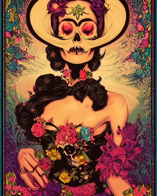 Prompt: a beautiful fancy skull lady by dan mumford and gil elvgren, folklorico