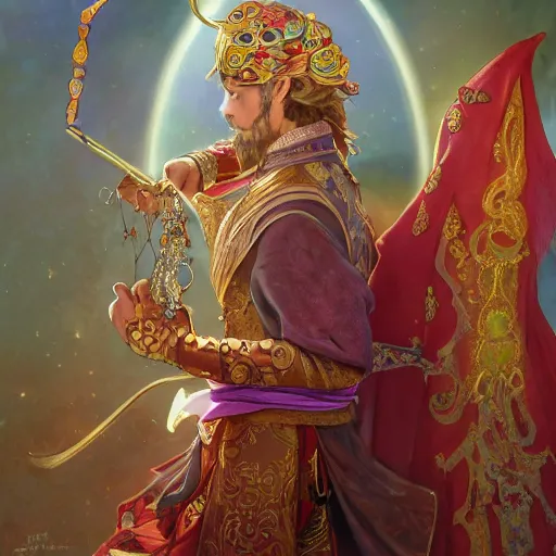 Prompt: charming arabian ( ( ( tailor ) ) ), dressed in fine colorful robes and jewelry over fantasy armor, goatee, smirking, holding a magic needle and spool, fantasy art by barret frymire and artem priakhin and wenjun lin and greg rutkowski and alphonse mucha, artstation, matte, illustration, intricate, highly - detailed high resolution