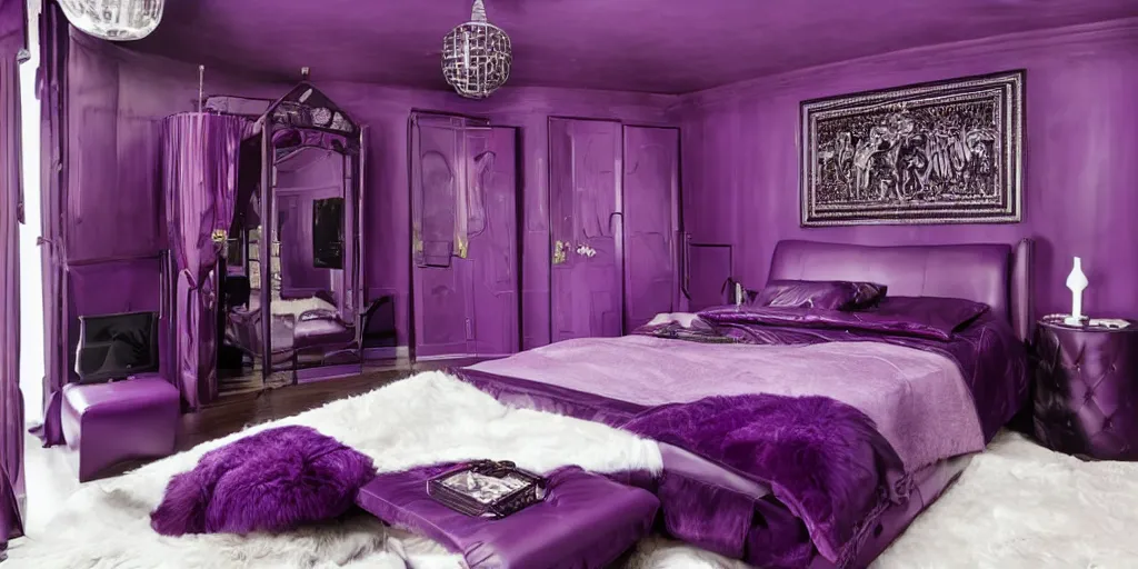 Prompt: purple leather dungeon bedroom
