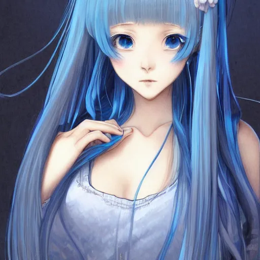 Prompt: an adult girl with long blue hair and blue eyes, a small pigtail on the left side, white fur on top,, chinese blue dress, chinese style, anime style, hyper detailed, illustration, digital painting, art by artgerm and greg rutkowski and alphonse mucha, high delicate defined details, anime stylized, highly detailed, realistic, sharp focus