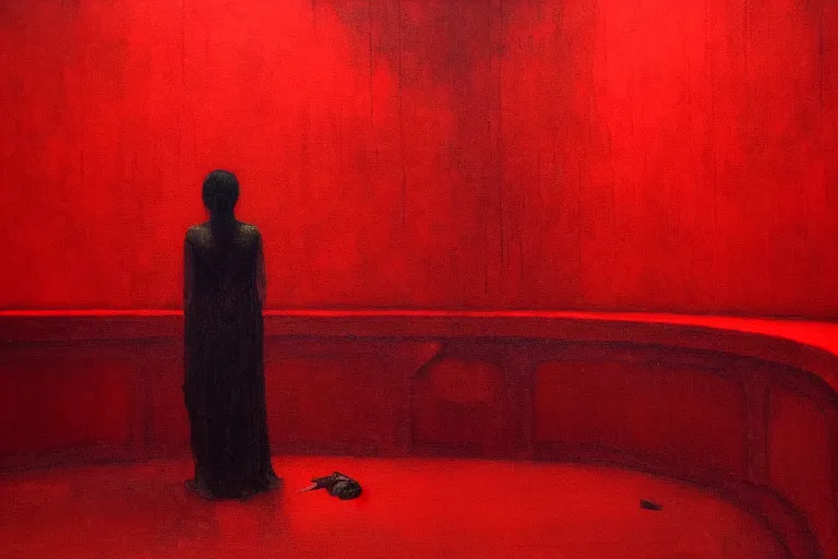 Image similar to only with red, crowd screaming, an exposed painting in a roman theater, in the style of beksinski, parts by edward hopper, parts by rodcenko, parts by yue minjun, intricate and epic composition, red by caravaggio, insanely quality, highly detailed, masterpiece, red light, artstation, 4 k