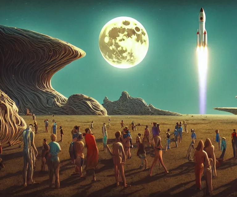 Prompt: hyper detailed 3d render like a Oil painting - people gather on a faraway planet to watch a rocket launch, large moon in the dramatic alien sky, futuristic science fiction vibe, by P. Craig Russell and Barry Windsor-Smith, Houdini algorithmic generative render, Abstract brush strokes, Masterpiece, Alfred Charles Parker, Edward Hopper, Wes Anderson, Rolf Armstrong, Tim Doyle, Greg Hildebrandt, Jeremiah Ketner, Tim Okamura, Osamu Tezuka, Tom Whalen, Chip Zdarsky, hints of Coles Phillips, octane render, 8k