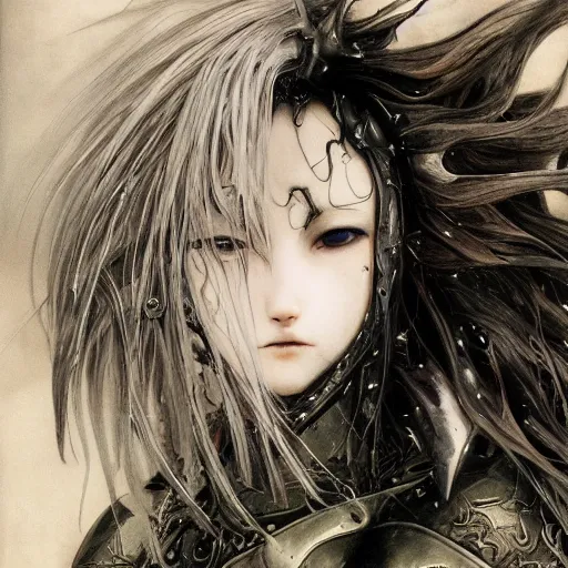 Image similar to Yoshitaka Amano realistic illustration of an anime girl with wavy white hair fluttering in the wind and cracks on her face wearing Elden ring armour with the cloak, abstract black and white patterns on the background, noisy film grain effect, highly detailed, Renaissance oil painting, weird portrait angle