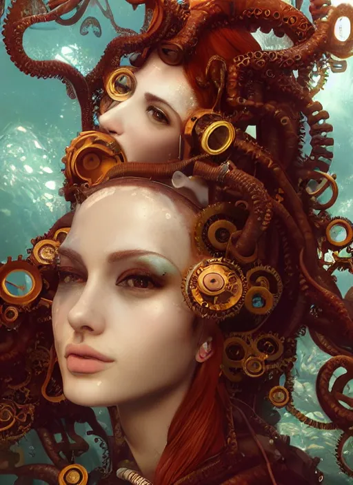 Image similar to underwater steampunk portrait of arianna grande, red hair, octopus, hyper detailed, digital art, cinematic lighting, studio quality, smooth render, unreal engine 5, octane rendered, art style by klimt and nixeu and ian sprigger and wlop and krenz cushart.