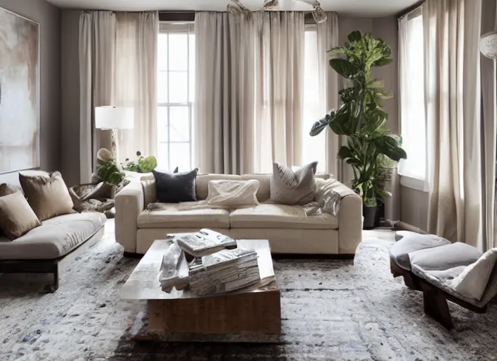 Prompt: apartment designed by nate berkus, muted neutral colors