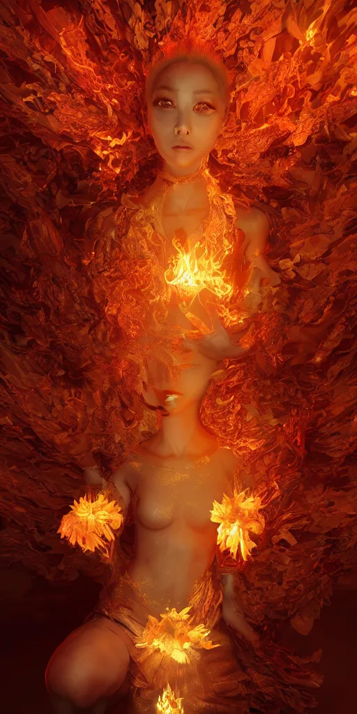 Prompt: Rerolling prompt underworld dungeon, closeup of an anthropomorphic fire goddess wrapped in a flowing couture flaming tissue paper, holographic chrysanthemums, fire origami flowers, heavenly light, 3D, very detailed, octane render, trending ArtStation, artgem