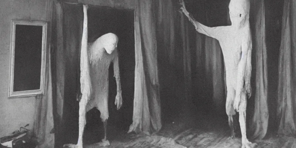 Prompt: scary unproportionable tall ghost creature inside a house crawling around, 1900s picture