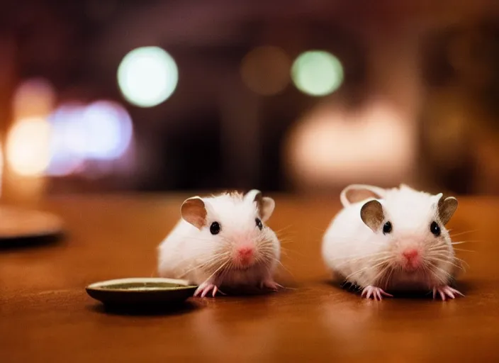 Image similar to photo of a hamsters on a date, kissing, at night, faded colors, candlelit restaurant table, cinematic color grading, various poses, soft light, centered, sharp focus, 8 k