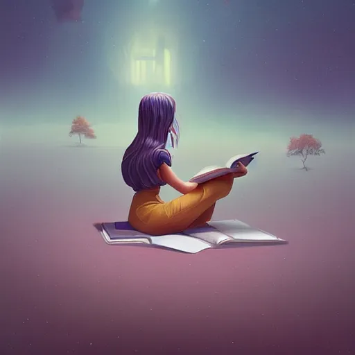 Image similar to a girl reading a book, her hair flowing down, surreal photography, digital painting, artstation, simon stalenhag