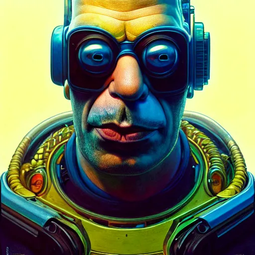 Image similar to portrait painting of cyberpunk homer simpson, ultra realistic, concept art, intricate details, eerie, highly detailed, photorealistic, octane render, 8 k, unreal engine. art by artgerm and greg rutkowski and magali villeneuve and alphonse mucha