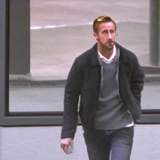 Prompt: CCTV footage of Ryan Gosling robbing a bank, recording tv static