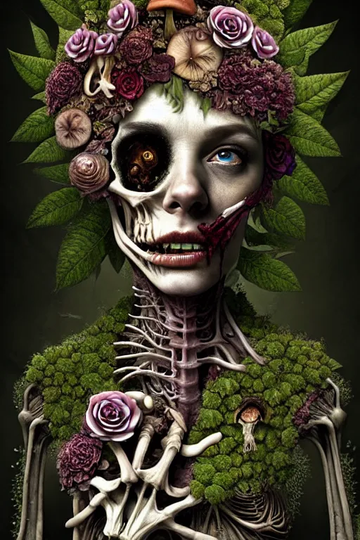 Image similar to very sad and detailed rotten woman corpse with fractal plants and fractal flowers and mushrooms growing around, face muscles, veins, arteries, bones, anatomical, skull, eye, ears, intricate, ornate, surreal, ray caesar, john constable, guy denning, dan hillier