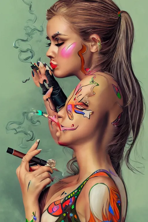 Image similar to full body painting of a girl smoking a cigarette and holding a pistol, cute face, intricate, highly detailed, digital painting, official media, concept art, rich vivid colors, ambient lighting, sharp focus, illustration