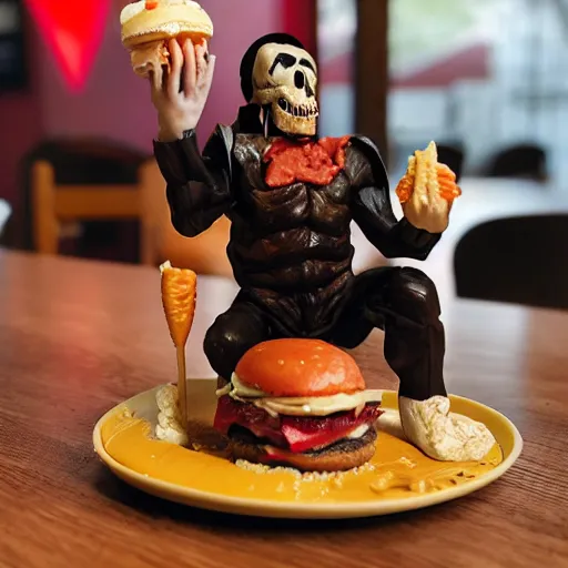 Image similar to the death eating his hamburger in a restaurant, modeling clay style