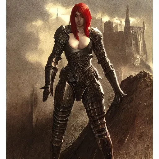 Image similar to young woman with short red hair, wearing black armour, bare legs, concept art, intricate details, highly detailed by greg rutkowski, michael whelan and gustave dore