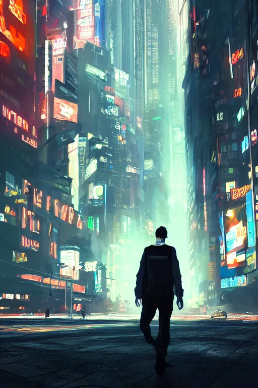 Prompt: A man in the middle of New York City cyberpunk, futuristic, oil painting, unity engine, wide angle, anime styled 3d, trending on artstation, high definition, god rays, caustics