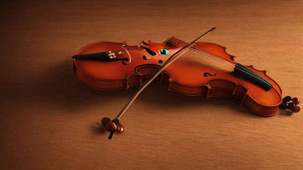 Prompt: a violin on an ancient wood table, 3/4 view, beautifull reflexions, detailed, photorealistic, octane render