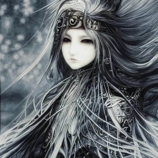 Image similar to Yoshitaka Amano blurred and dreamy illustration of an anime girl with pirate eye patch, wavy white hair and cracks on her face wearing Elden ring armour with the cape fluttering in the wind, abstract black and white patterns on the background, noisy film grain effect, highly detailed, Renaissance oil painting, weird portrait angle