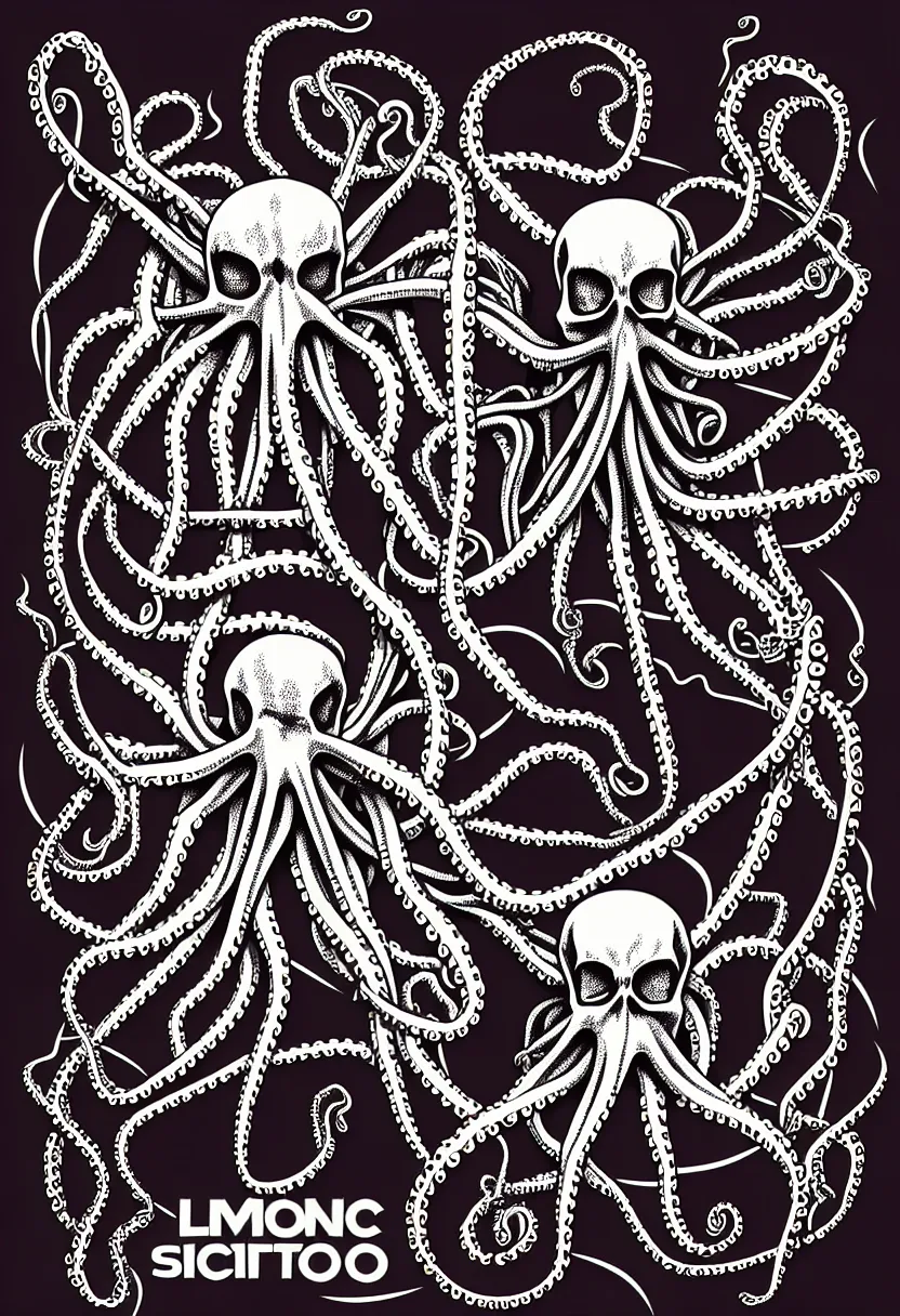 Prompt: fillmore concert poster, realistic symmetrical octopus skeleton, vector art, sticker design, 8k, highly detailed