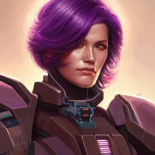 Image similar to a portrait of a very beautiful woman in battletech elemental clanner clan battle armor, Alexandria\'s genesis, chin-length purple hair, bored, illustration, soft lighting, soft details, painting oil on canvas by mark arian by artgerm, trending on artstation, 4k, 8k, HD